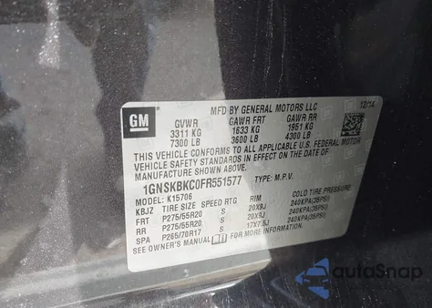 2015 Chevrolet Tahoe Lt from USA, damaged, VIN 1GNSKBKC0FR551577